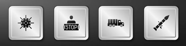 Set Naval mine, Stop war, Military truck and Rocket launcher icon. Silver square button. Vector. - Vector, Image