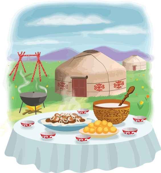 Varasin pöydän Nauryzin lomalle. Kazakstanin kansallisruokia beshparmak, baursak, kumit juoda. Yurts, swing altybakan, vuoret ja tulppaanit taustalla - Vektori, kuva