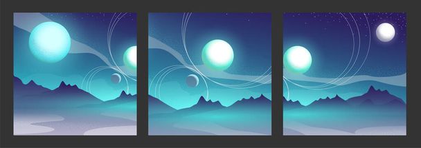 Set aus drei quadratischen Plakaten mit abstrakter kosmischer Landschaft mit Planeten und Satteliten am Himmel. Vektor-Illustration für Plakate, Banner, Social-Media-Werbung. - Vektor, Bild