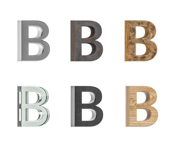 Letra tridimensional B con seis tipos de texturas - metal, óxido, latón, vidrio, plástico negro, madera de pino - aislado sobre fondo blanco - 3d render - Foto, imagen