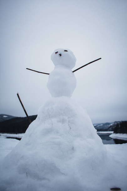 Piccola versione di un pupazzo di neve. Paesaggio invernale a Soesetalsperre nel Parco Nazionale delle Montagne Harz, Germania. Paesaggio di neve Moody in Germania - Foto, immagini