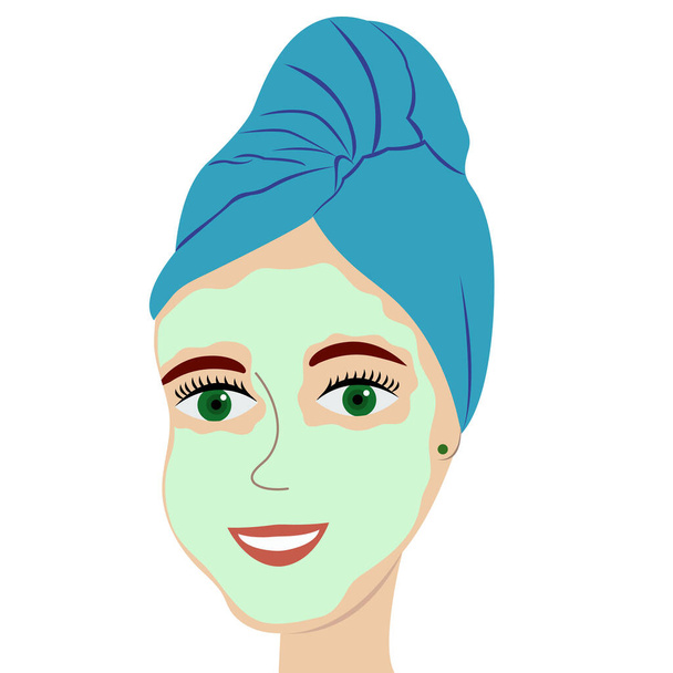 Jong meisje met gezichtsmasker en handdoek op het hoofd. Meisje doet spa behandelingen. Spa gezichtsmasker. Komkommermasker. Vector illustratie op witte achtergrond - Vector, afbeelding