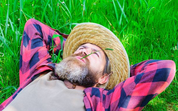 Mies makaa nurmikolla. Onnellinen rento mies ruudullisessa paidassa ja hatussa. Kaveri rentoutuu ulkona kesällä. Nautin aurinkoisesta päivästä. Yhtenäisyys luonnon kanssa. - Valokuva, kuva