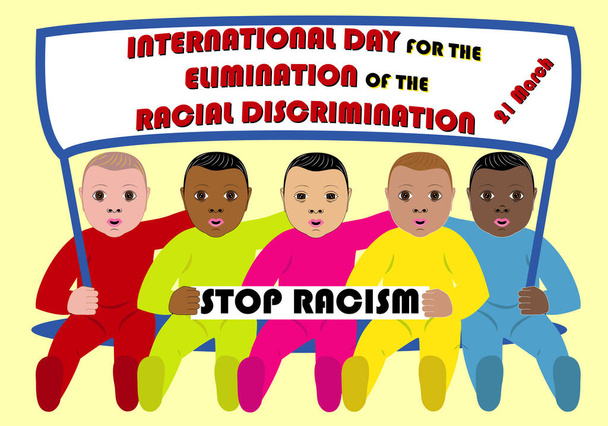 Bebés contra el racismo. Detener el racismo. Día internacional para la eliminación de la discriminación racial - Vector, Imagen