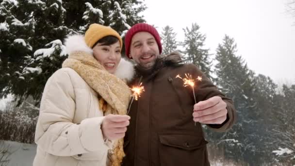 Низкий угол средой счастливой разнообразной супружеской пары в зимней одежде, улыбаясь, стоя в снежном сосновом лесу, держа блестящие бенгальские огни в руках - Кадры, видео