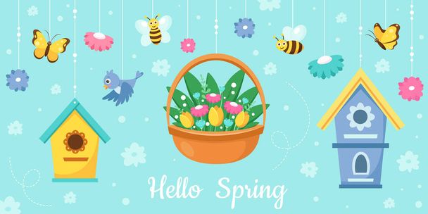 Hello Spring greeting card. Spring decorative elements. Vector illustration - Vector, Image