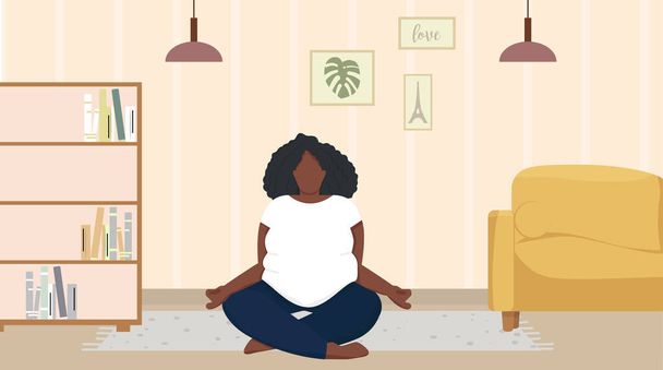 Donna africana meditando in pose.Black loto donna yoga a casa sfondo illustrazione. - Foto, immagini