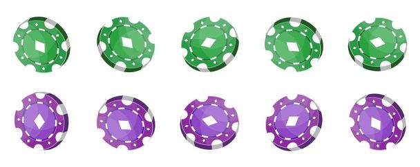 Casino-Chips für Poker oder Roulette. Grüne und lila Farbelemente für Logo, Website oder Hintergrunddesign. Vektor-Illustration isoliert auf weißem Hintergrund. - Vektor, Bild
