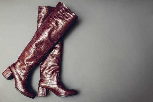 Παπούτσια, κομψές μπορντό δερμάτινες μπότες από δέρμα ερπετού για γυναίκες. Γυναικεία χειμερινή μόδα. Μοντέρνα παπούτσια σε γκρι φόντο. Διάστημα - Φωτογραφία, εικόνα