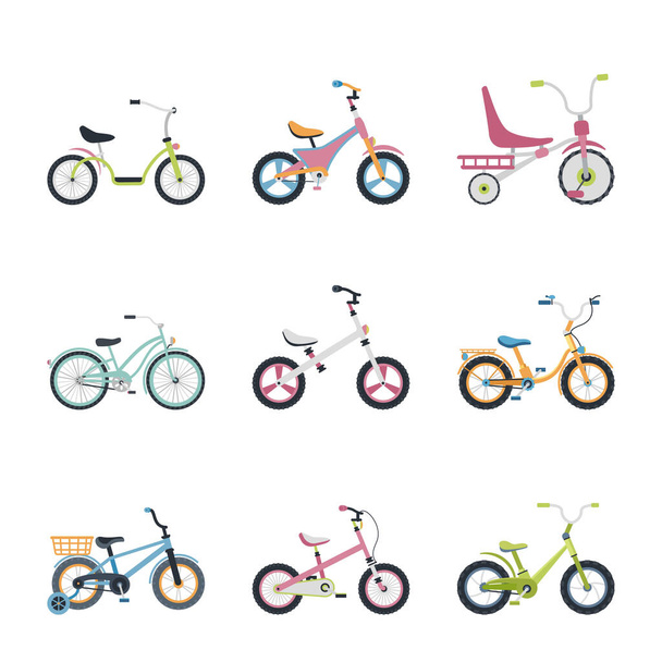 Комплект велосипедов для детей и подростков в плоском стиле. - Вектор,изображение