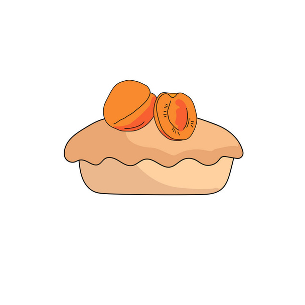 Персиковый пирог в стиле каракулей, сладкая выпечка с яркими сочными фруктами на верхней векторной иллюстрации - Вектор,изображение