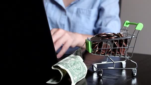 Young woman hands taking money from shopping cart on the white room background. Travel concept. Close up. - Footage, Video