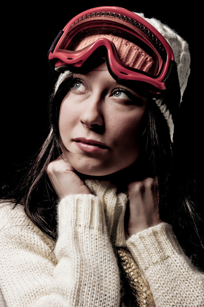 Cute Woman with white pullover and snowboardmask - Foto, afbeelding