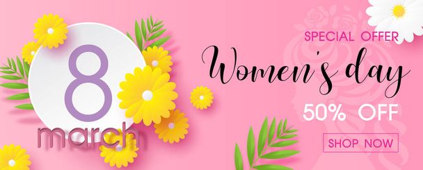 Le jour de l'événement avec des fleurs jaunes et des plantes décorées sur bannière blanche, Spéciaux de la journée des femmes offrent un libellé de vente sur les femmes dessin forme et fond rose. Bannière de l'affiche de la Journée de la femme en vecteur - Vecteur, image