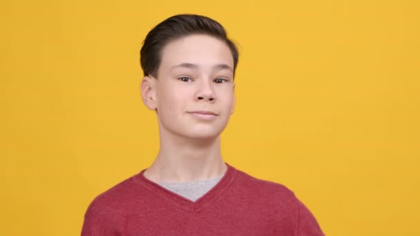 Teen Boy Gesturing V-Sign Smiling To Camera Over Yellow Background - Footage, Video