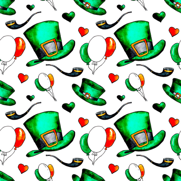 bezszwowe strony rysowane akwarela wzór duży zielony kapelusz - Zdjęcie, obraz