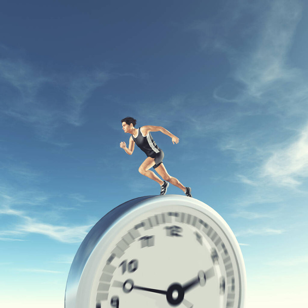 Man running on a clock . Runing out of time and deadline concept . This is a 3d render illustration .  - Photo, Image
