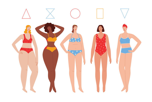 Color vector flat style illustration isolated on white background. Different types of female figures. Girls of different skin colors in swimsuits. Women with different body types - Vector, Image