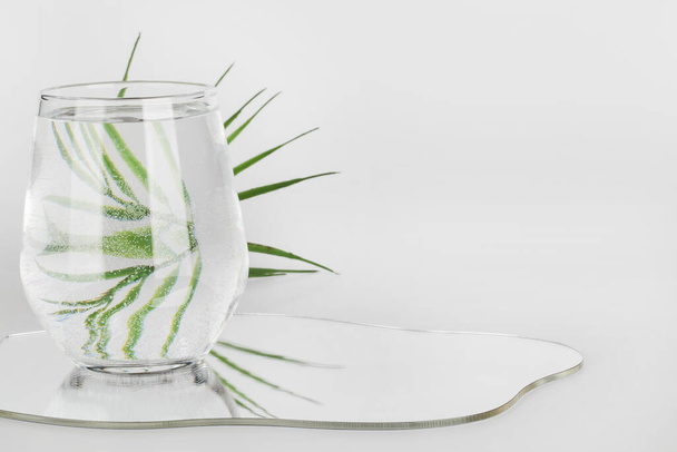 Palmový list zkreslený ve vodě ve skle se zrcadlem na bílém pozadí. čistá voda, ekologický domácí koncept.  - Fotografie, Obrázek