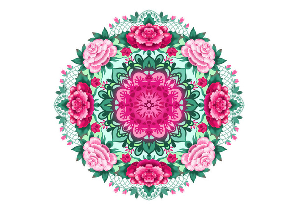 Imagem decorativa de ornamento simétrico com flores de rosa na forma de uma mandala - Foto, Imagem