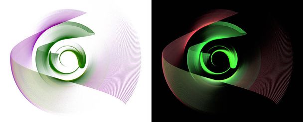 Zöld, lila, vörös, szellős hullámos elemek fészkelnek egymásba, és fehér és fekete háttérrel forognak. Grafikus tervezési elemek beállítva. 3D-s renderelés. 3D illusztráció. Jelzés, ikon, szimbólum. - Fotó, kép