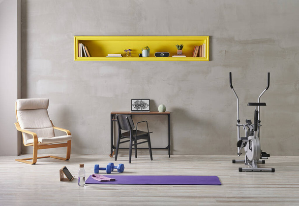 Training and sportive room, grey interior style, stone wall, bike and purple mat, blue dumbbell, yellow bookshelf background. - Photo, Image