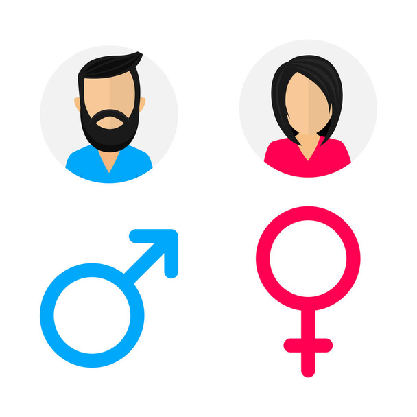 Nemek szerinti ikonok. Férfi és nő felhasználói profil. Úriember és női vécé tábla. Vektorillusztráció - Vektor, kép