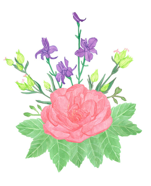 Acquerello bouquet Rosa rosa con fiori campo viola e foglie isolate - Foto, immagini