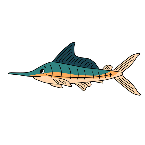 Rajzfilm csíkos doodle marlin típusú hal. Kék, sárga és fehér vektor vázlatos állat izolált fehér alapon - Vektor, kép