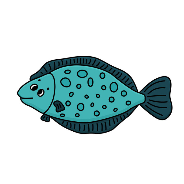 Desenhos animados bonito doodle flounder ou flatfish tipo de peixe. Vetor azul e branco delinear animal é isolado em fundo branco. Olhos e boca são visíveis - Vetor, Imagem