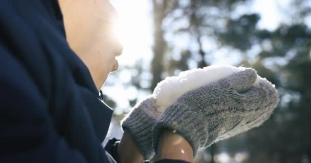 晴れた冬の日に屋外で手から雪を吹いている女性。雪片の飛行速度が遅い - 映像、動画