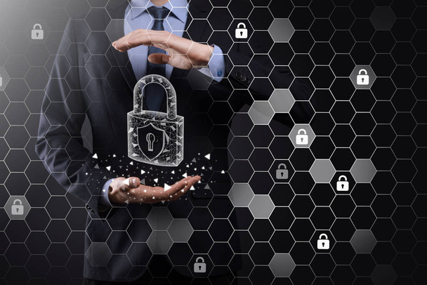 Cyber security network. Padlock icon and internet technology networking. Businessman protecting data personal information on tablet and virtual interface. Data protection privacy concept. GDPR. EU. - Photo, Image