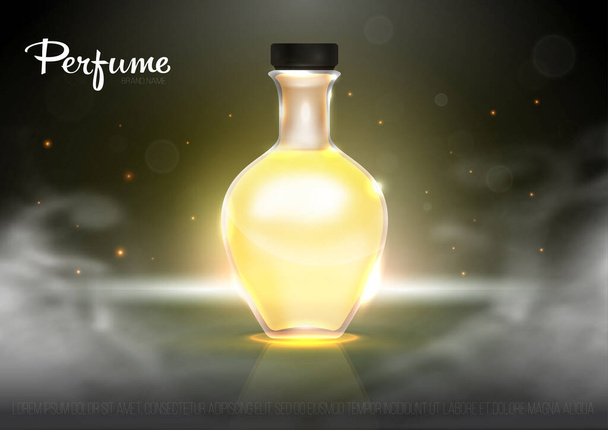 Realistic beautiful perfume bottle isolated on transparent glitter background. Template, mockup for ads, magazine, advertising, branding, print, cover. Fashion 3d vector illustration. Eps 10. - Vector, Image