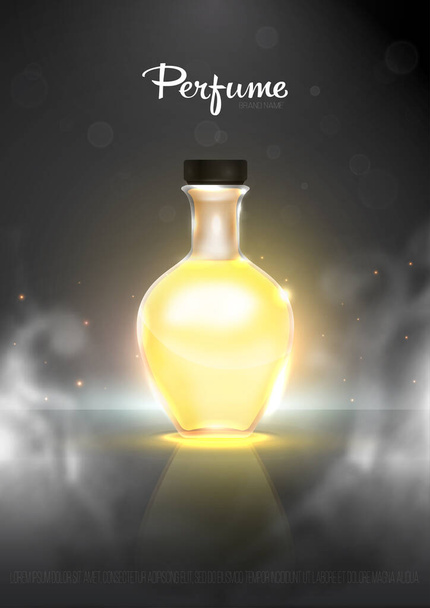 Realistic beautiful perfume bottle isolated on transparent glitter background. Template, mockup for ads, magazine, advertising, branding, print, cover. Fashion 3d vector illustration. Eps 10. - Vector, Image