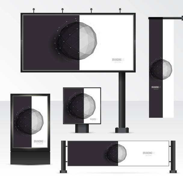 Set objects of outdoor advertising. Template for branding on white background. Mockup billboard, city light, horizontal and vertical banners. Vector illustration with geometric polygonal spheres. - Vector, Image