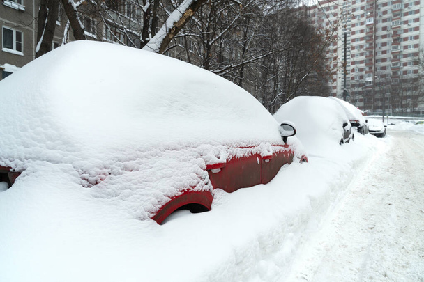 Автомобили, покрытые снегом после сильной метели на обочине московской улицы - Фото, изображение