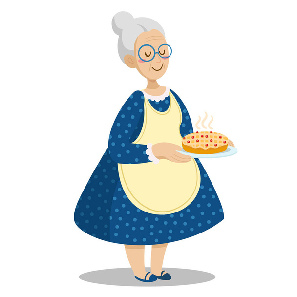 Oma met zelfgemaakte taart. Cartoon grootmoeder met lekker bakken. Vector geïsoleerde illustratie van oude vrouw met bril met dessert. - Vector, afbeelding