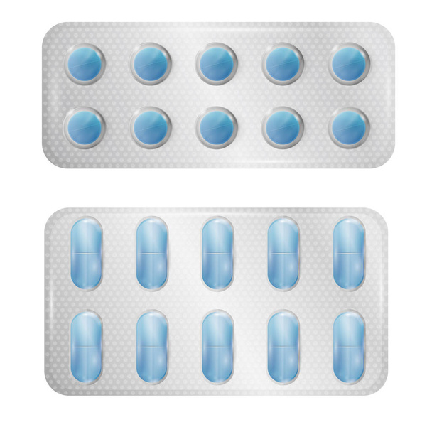 Realistische 3d blisterverpakking met tablet en capsules. Vector medische geneesmiddelen geïsoleerd op witte achtergrond. - Vector, afbeelding
