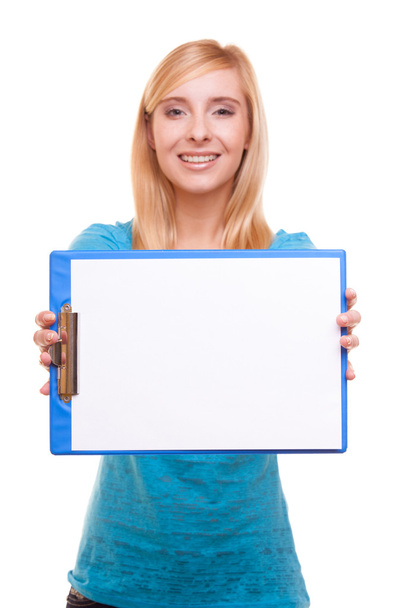 woman college student girl holds clipboard with blank - Valokuva, kuva