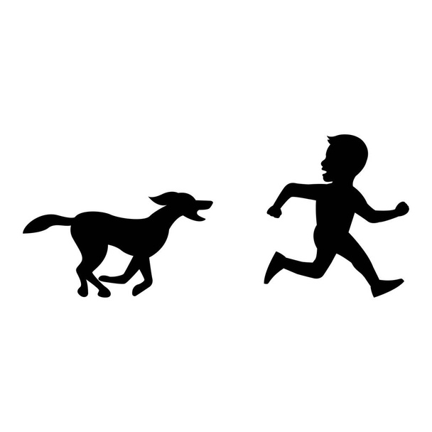 zwart silhouet ontwerp met geïsoleerde witte achtergrond van hond jagen jongen - Vector, afbeelding