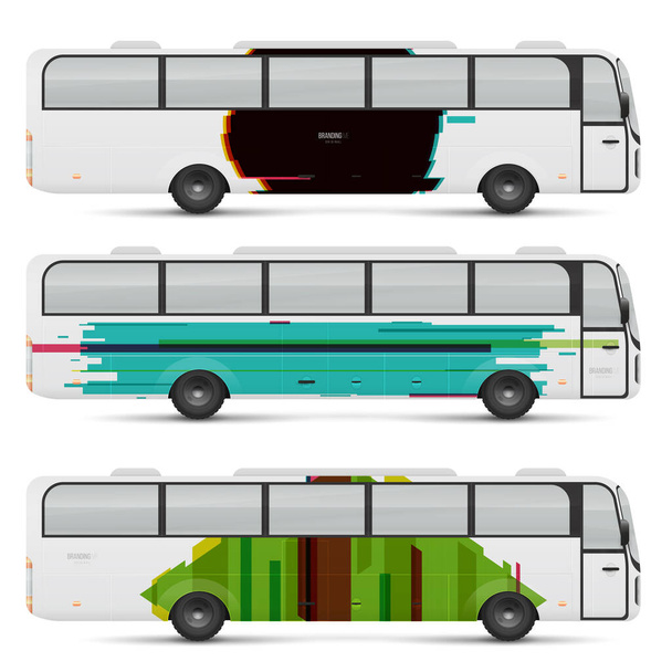 旅客バスのモックアップ。輸送用のデザインテンプレート。広告や企業アイデンティティのブランディング。ビジネスやインスピレーションのためのグラフィック要素. - ベクター画像