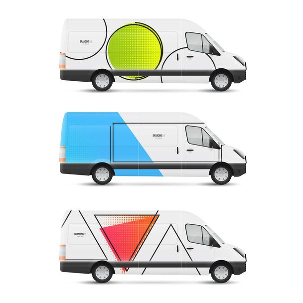 Set di modelli di design di branding bus bianco in stile geometrico moderno. Falsificazione dei trasporti per pubblicità, business e corporate identity. - Vettoriali, immagini