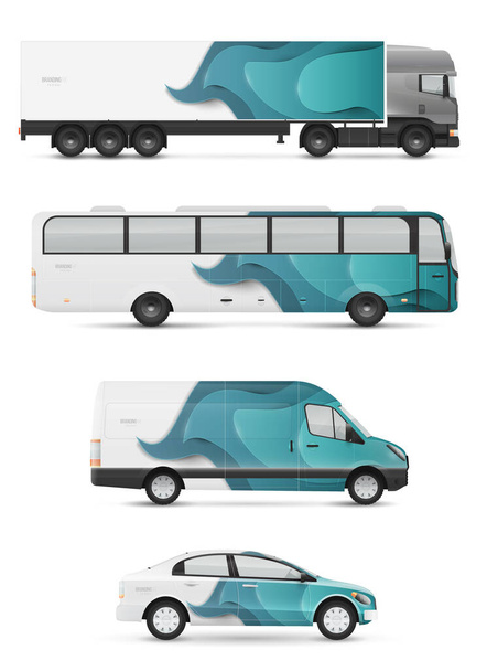広告や企業アイデンティティのためのブランド車両を設計します。輸送用のモックアップ。乗用車、バス、バン。紙青波とグラフィック要素. - ベクター画像