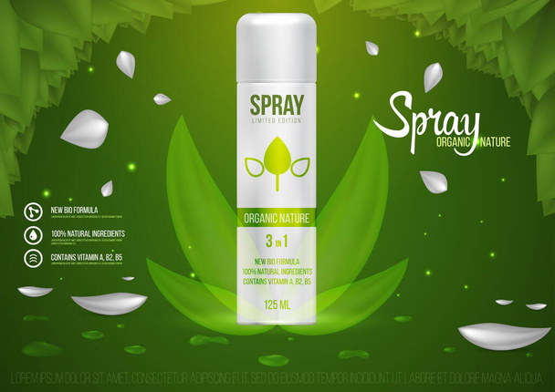 Template project design cosmetics product, glossy metal spray bottle with cap on green nature background. Mockup for ads, magazine, advertising, branding, print, cover. Fashion 3d vector illustration. - Vector, Image