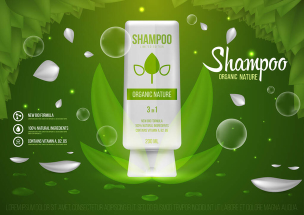 Template project design cosmetics product, tube with cap for shampoo, gel on green nature background. Mockup for ads, magazine, advertising, branding, print, cover. Fashion 3d vector illustration. - Vector, Image