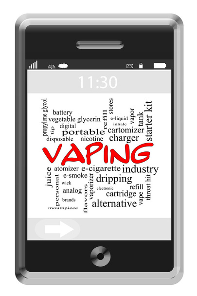 vaping έννοια σύννεφο λέξη σε ένα τηλέφωνο οθόνη αφής - Φωτογραφία, εικόνα