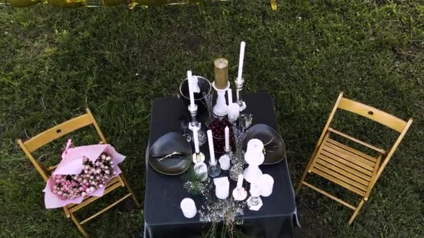 Romantische decorelementen voor huwelijksverzoeken. Romantisch outdoor diner. - Video