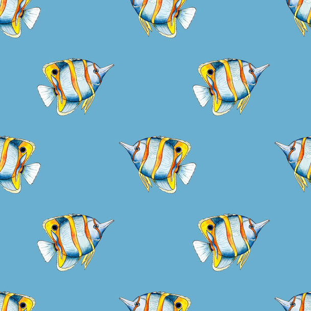 Chelmon rostratus fish. Bright tropical beautiful fish painted with watercolors. Seamless pattern for printing on fabric, bedding, paper, textiles. - Photo, Image