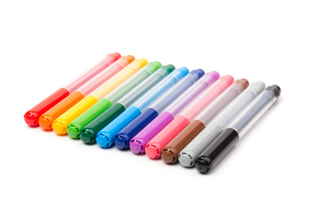 Colorful marker pens isolated on white background. Kids vivid painting tools, various color palette. Office highlighters design elements - Photo, Image