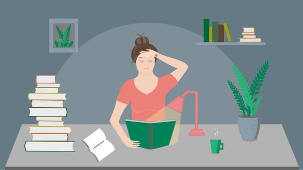 Векторная плоская усталая студентка или работница, сидящая за столом с книжной стопкой, чашкой кофе, лампой и растением поздней ночью. Усердная работа по изучению концепции экзамена. Концепция стресса в образовании - Вектор,изображение